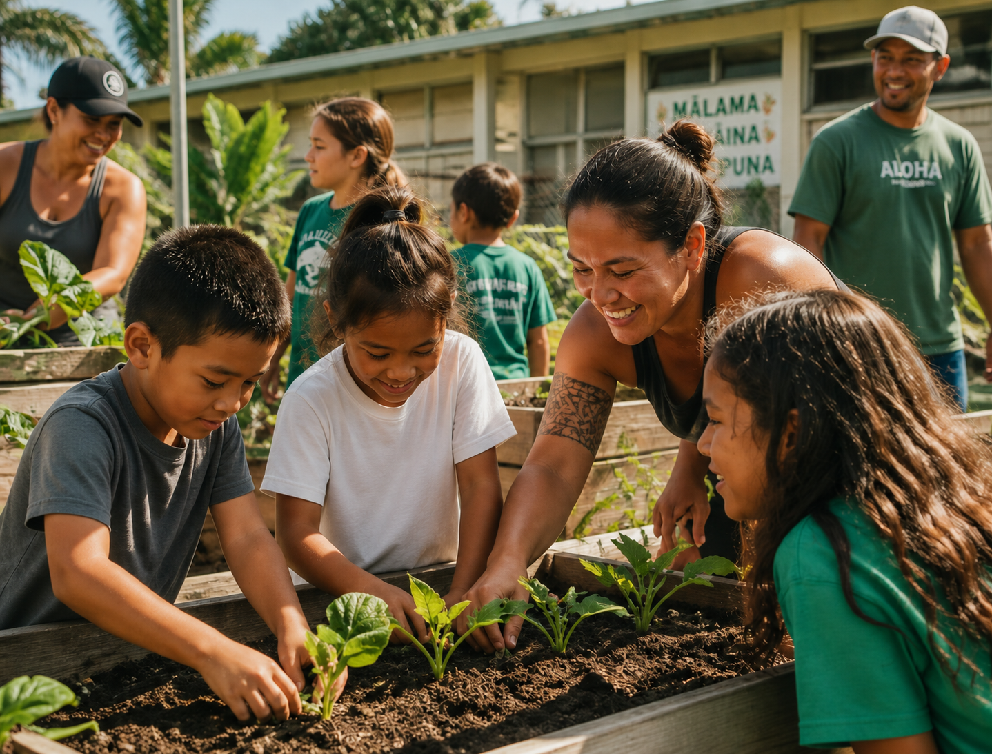 Parents and students planting seedlings in the school garden
