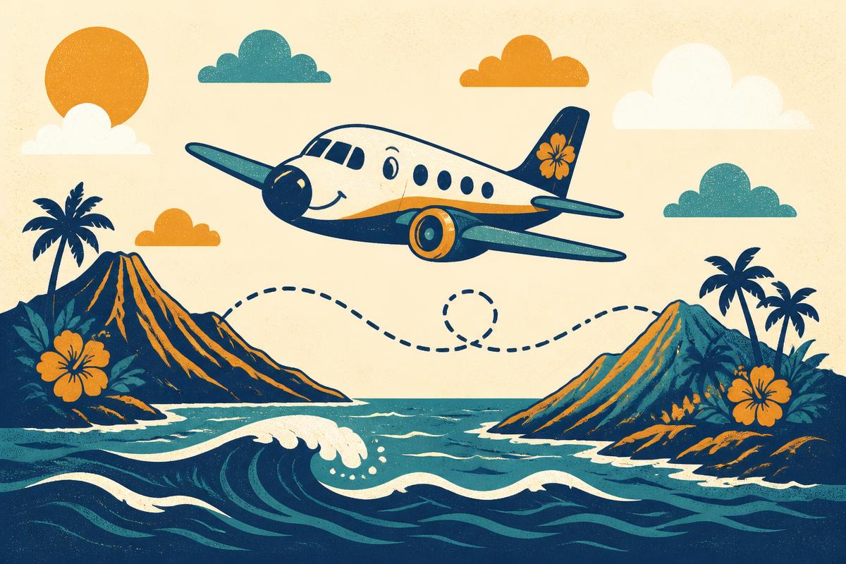 Illustration of a plane flying between two Hawaiian islands