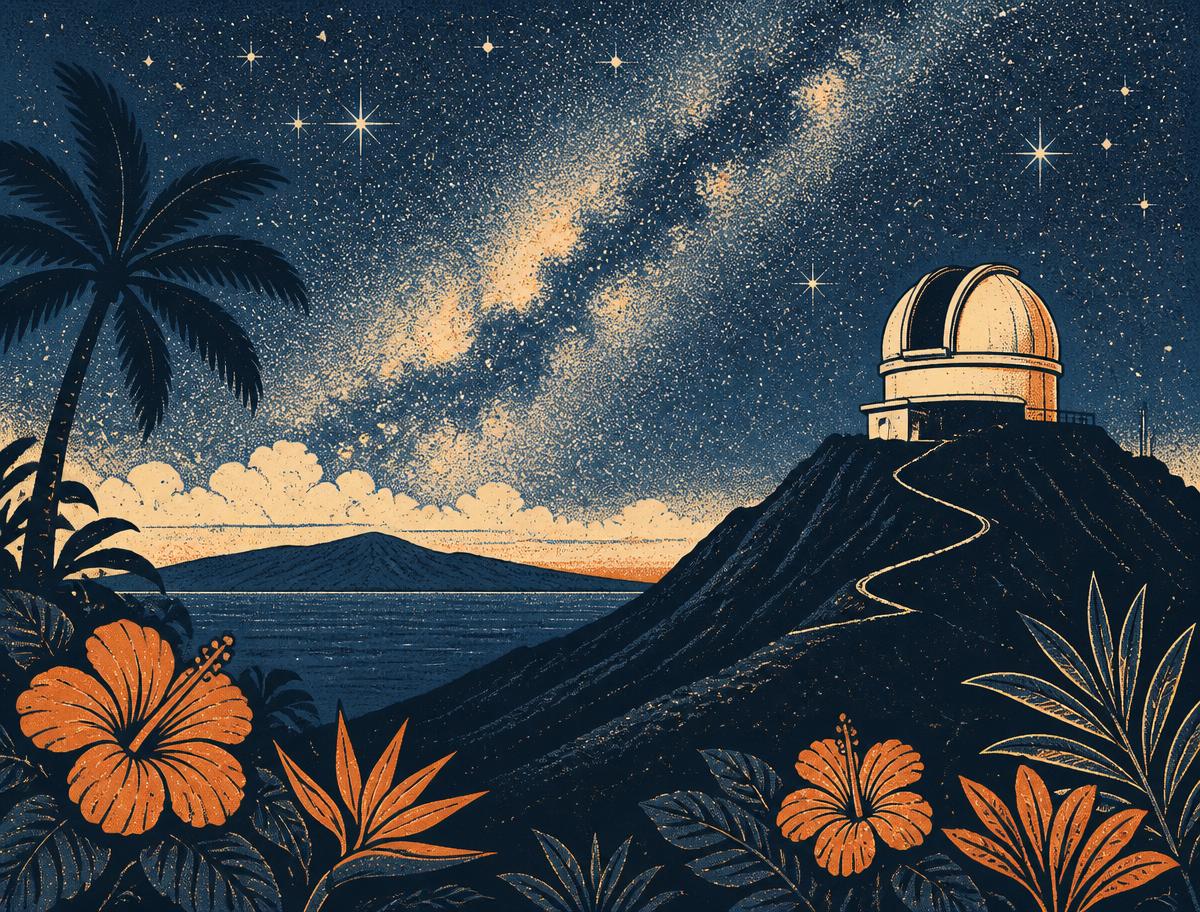 Illustration of the Milky Way over a Hawaiian observatory