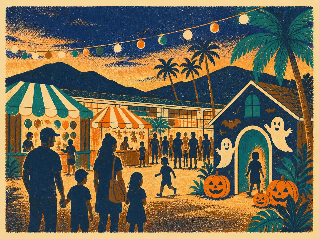 Risograph illustration of an evening fall festival with game booths and a haunted house on campus
