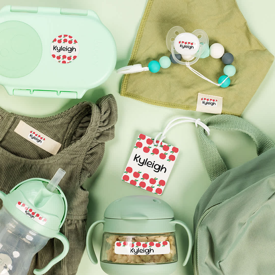 Mabel's Labels daycare label pack applied to kids' gear