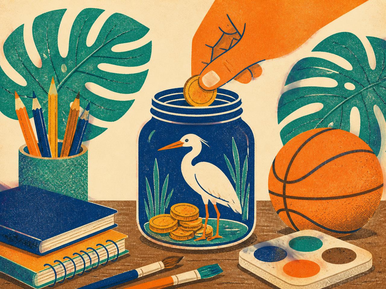 Illustration of a hand dropping coins into an egret jar surrounded by school supplies